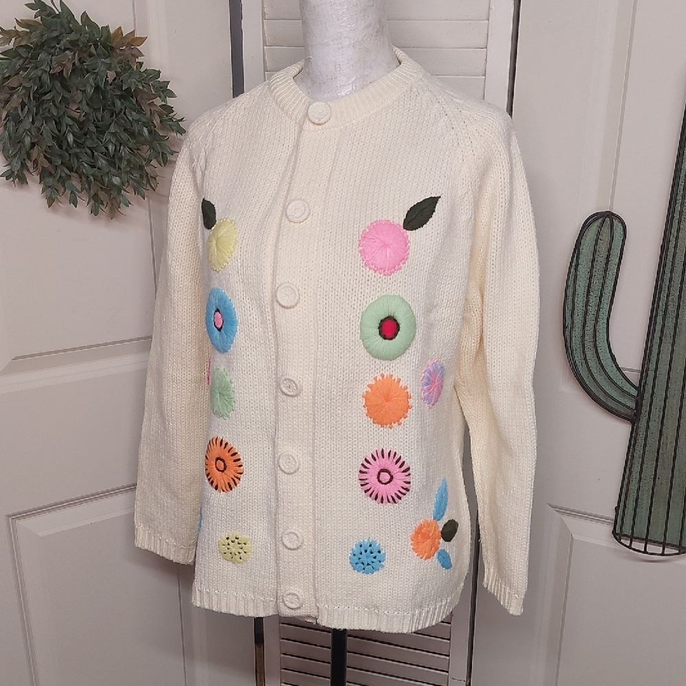 Vintage 1960s, Mod Garden, Kimlon Cardigan, Large - Picture 7 of 11